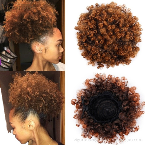 Vigorous Synthetic Short Afro Kinky Hair Bun High Temperature Drawstring Pony Tail Clip in Hair Extension on Puff Hair Bun